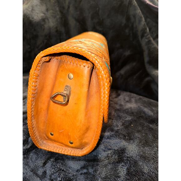 VINTAGE UNIQUE TURQUOISE LARGE WESTERN TOOLED LEATHER BAG! - Picture 9 of 11